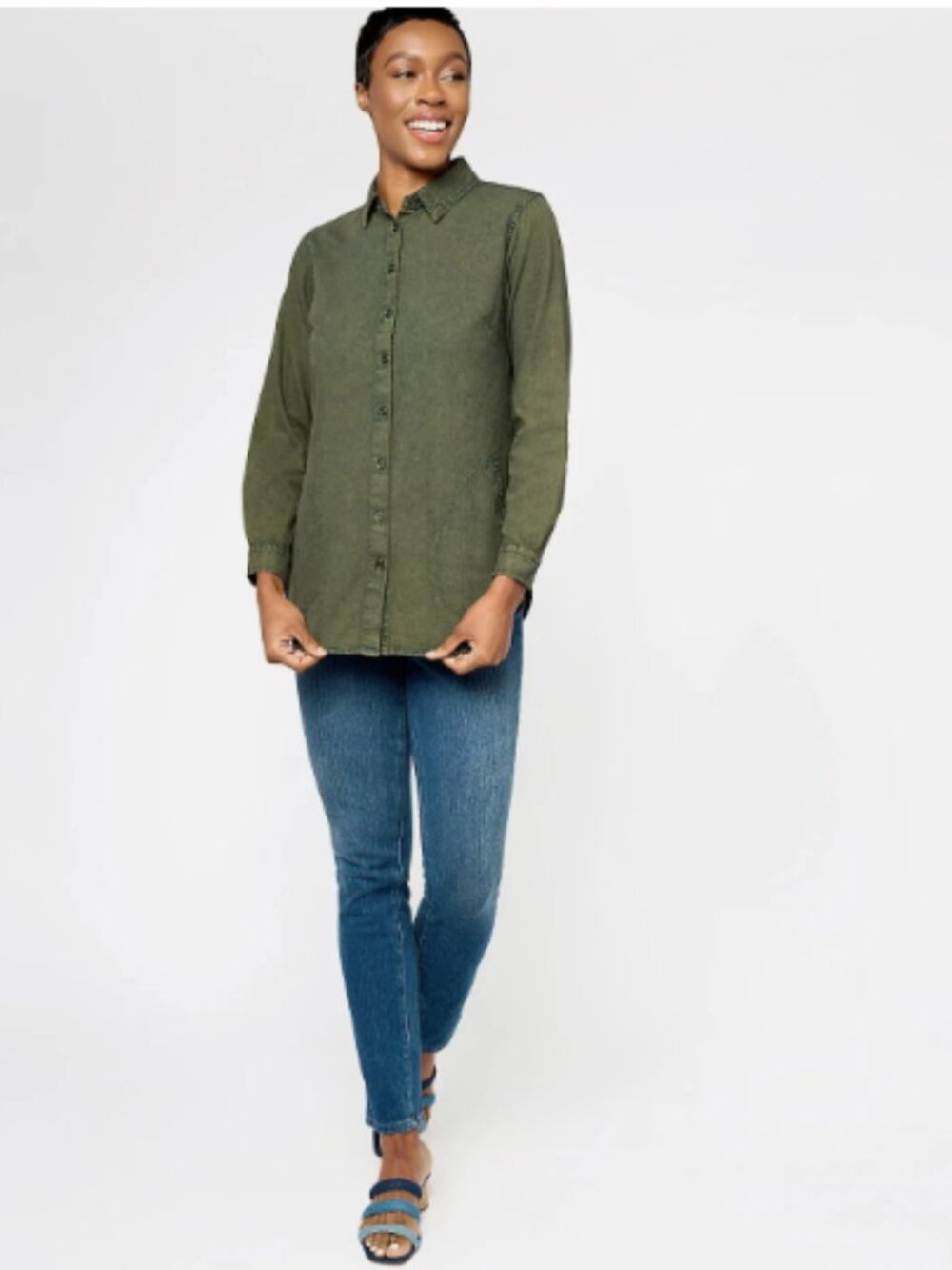 Joan Rivers Vintage Washed Denim Shirt with Pockets-Olive Wash-Small A606113